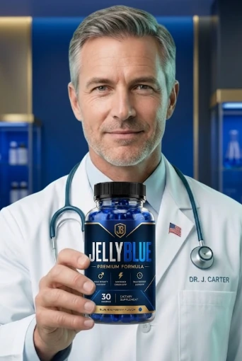 A doctor-style expert holding a bottle of JellyBlue