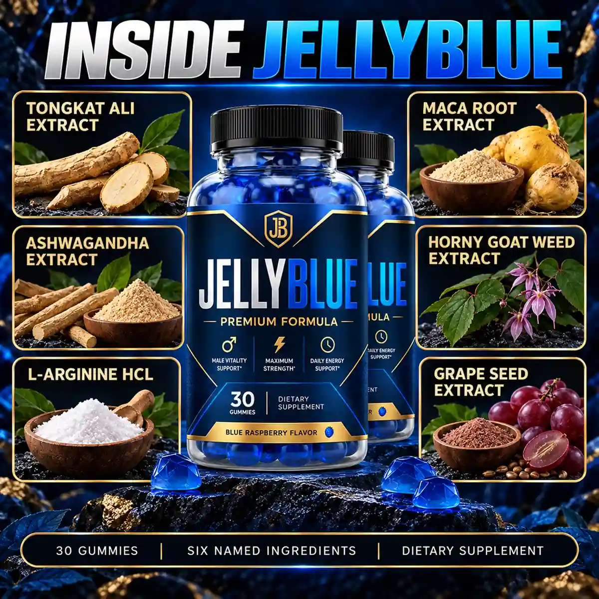 The INSIDE JELLYBLUE graphic, six tiles over six named ingredients