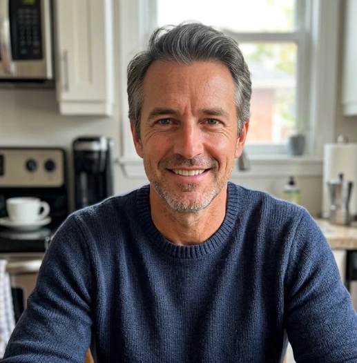 A mature man starting his morning routine at home in the kitchen