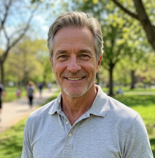 A confident mature man smiling outdoors in the park