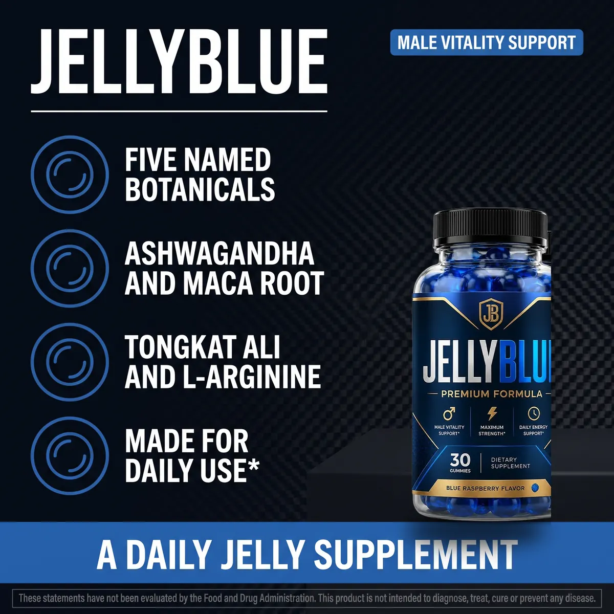 JellyBlue male vitality support with five named botanicals, made for daily use
