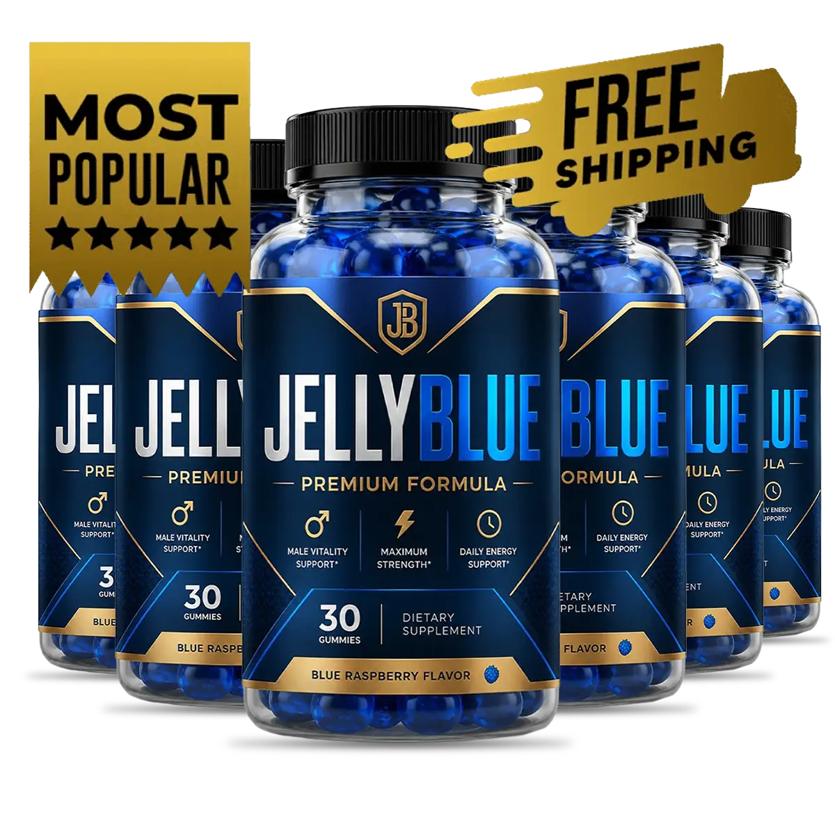 JellyBlue six-bottle pack of male-vitality gummies for a consistent daily routine