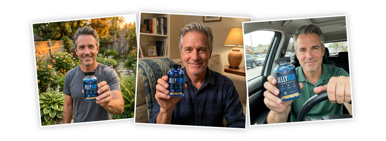 Photos of real JellyBlue customers holding the bottle