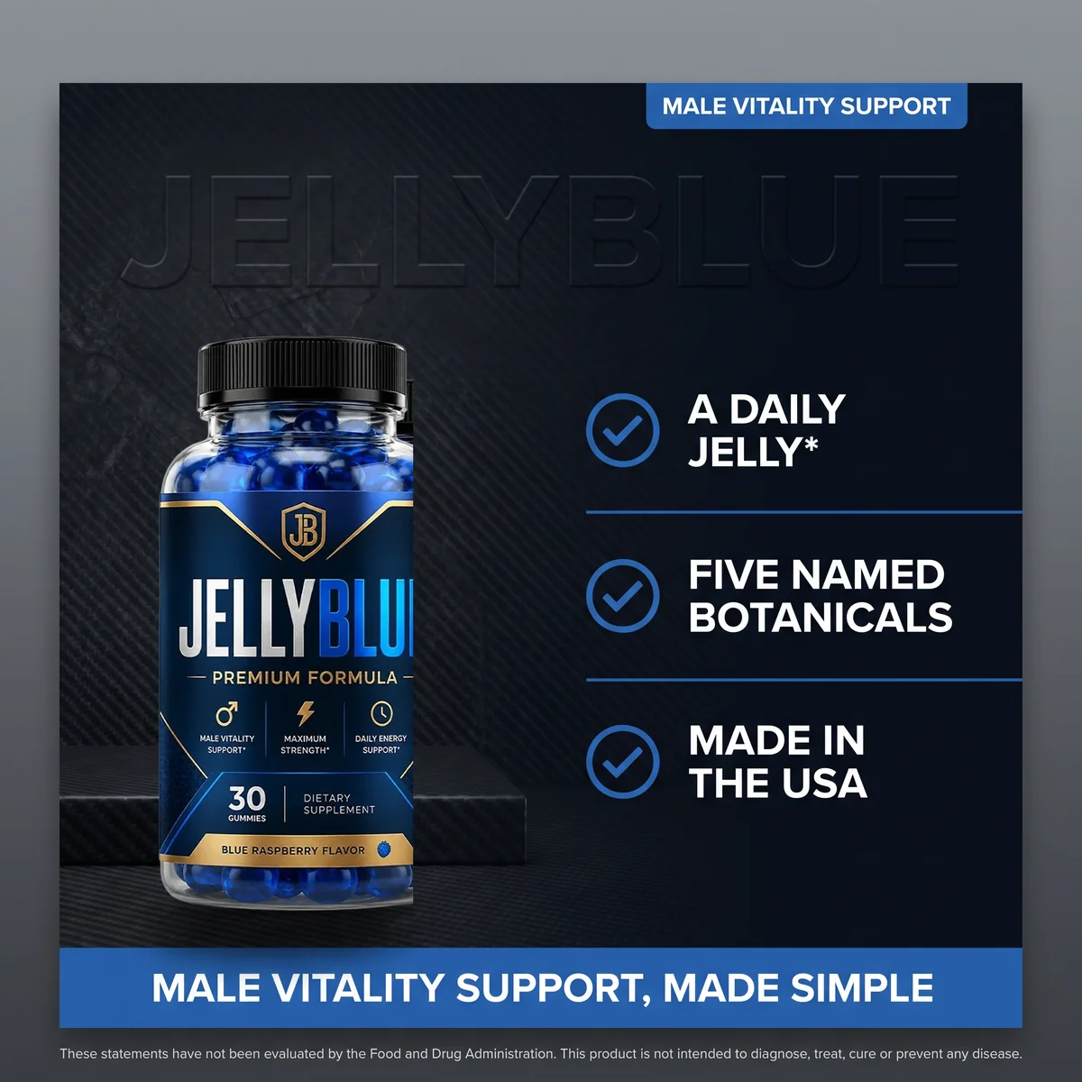 JellyBlue listing art: a daily jelly, five named botanicals, made in the USA