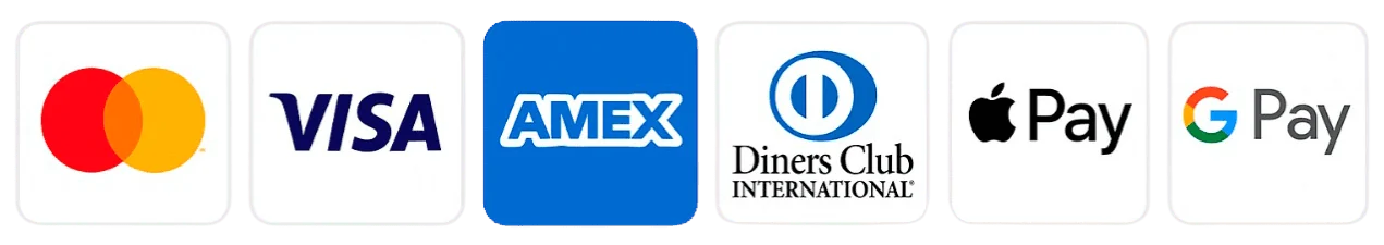 Mastercard, Visa, American Express, Diners Club, Apple Pay and Google Pay