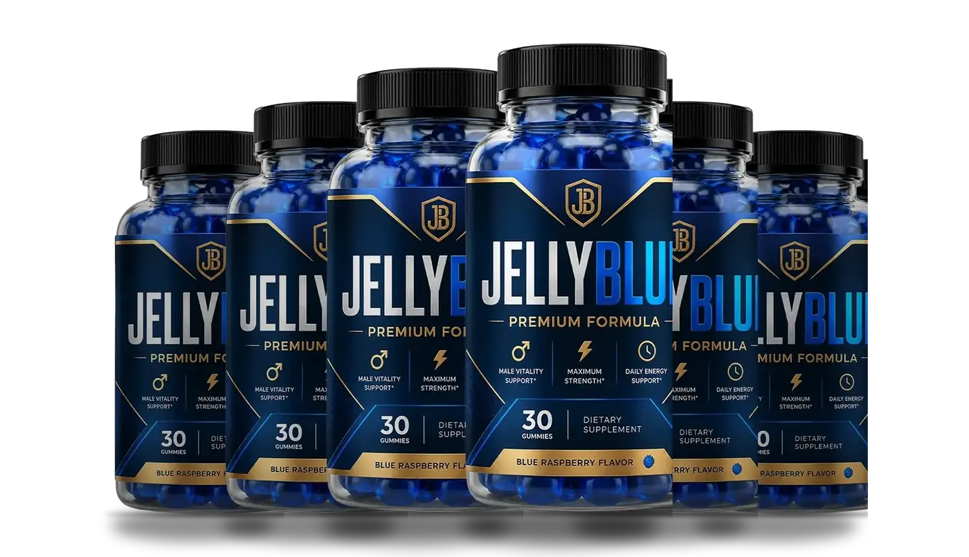Six JellyBlue bottles side by side, the six-bottle pack